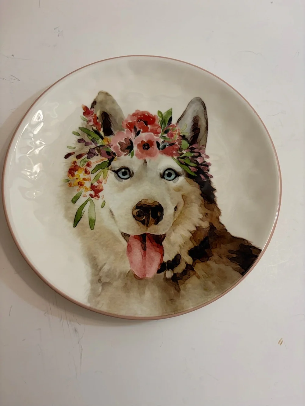 Pier one imports dolomite salad plate watercolor husky with floral crown
